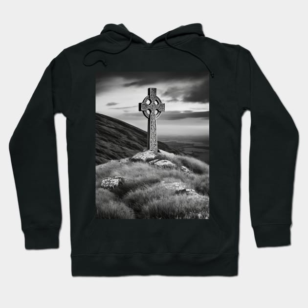 Tall Celtic Cross on the hills of Ireland on a cloudy day in black and white. Hoodie by DesignsbyZazz